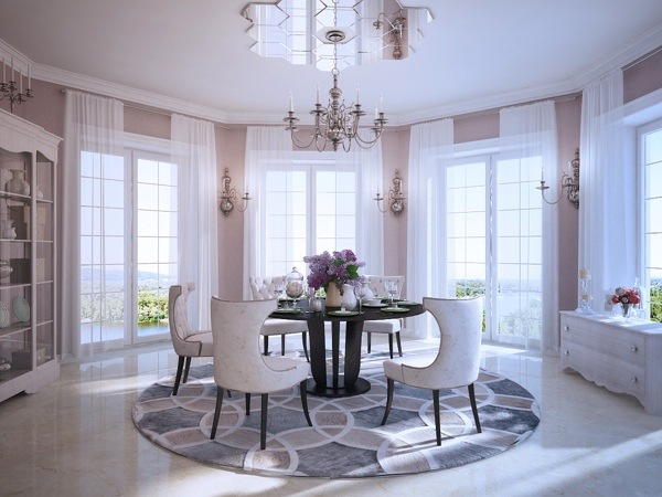 Jedáleň klasický interiér nápady koberec okrúhly Nápady koberec okrúhly čierny stôl biele poslter stoličky