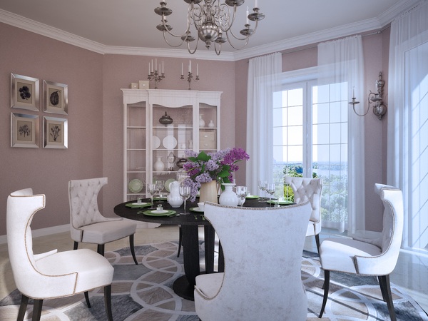 klasická jedáleň ružová stena farba sklenené dvere konferenčný stolík s ružovou farbou na sklenené dvere