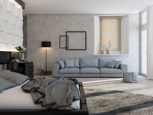 Šedá sedacia súprava s čalúneným nábytkom, krémový huňatý koberec Čalúnený nábytok tapeta krémový huňatý koberec rám postele