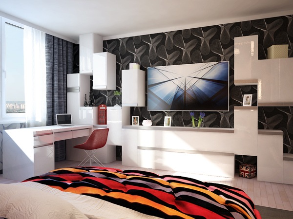 čierna biela tapeta biela nástenná jednotka plastový stôl s vysokým leskom