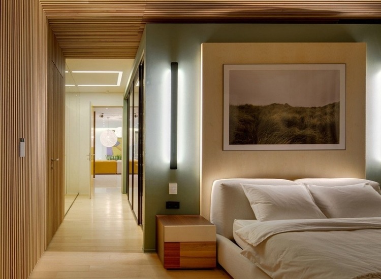 nápady na zariadenie-príroda-vzhľad-spálňa-nepriame-osvetlenie-drevené obloženie