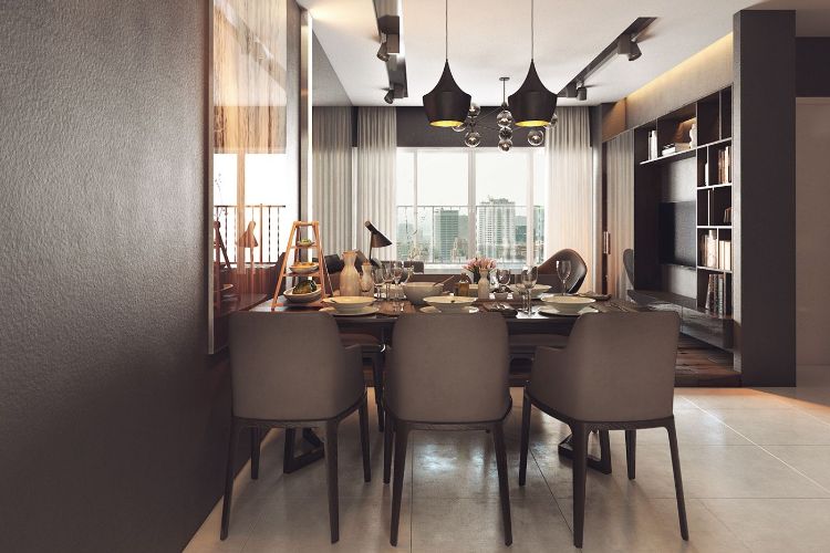 Jedáleň v neutrálnych hnedých tónoch s panorámou mesta Nápady na zariadenie v neutrálnych farbách jedálenský kút-hnedé-nástenné-stoličky-čierna-závesná lampa-výhľad na mesto