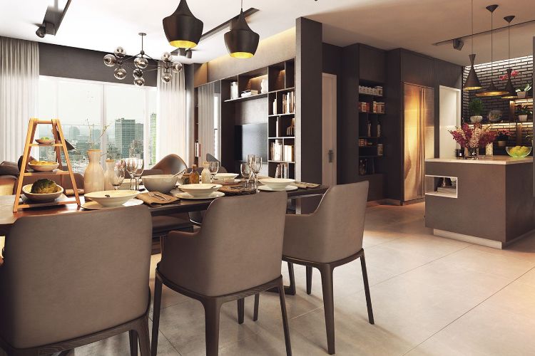 Rôzne tvary a textúry v kuchynskej časti Nápady na zariadenie v neutrálnych farbách - jedálenský kút - hnedá - stoličky - kuchynský ostrov - polica - čierna - závesná lampa