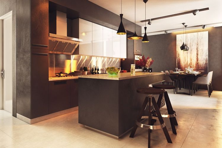 Predné strany vo vysokom lesku dodajú miestnosti väčší luxus nápady na zariadenie-neutrálne farby-kuchyňa-hnedý-obklad-kuchyne-ostrov-biela-nástenná jednotka-čierna-závesná lampa