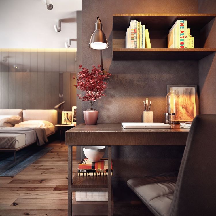 Pekná a tichá pracovná oblasť v oblasti šatníka nápady na zariadenie-neutrálne-farby-pracovná-rohová-spálňa-hnedá-nástenná-stolička-pracovný stôl-drevená doska