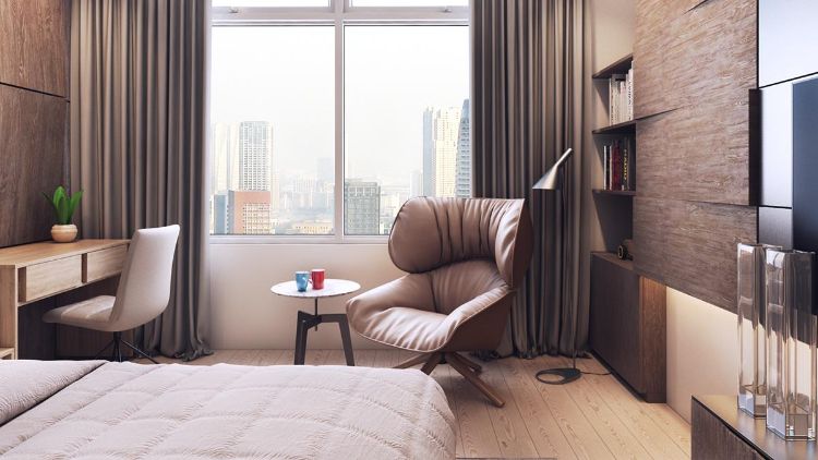 Veľa prirodzeného svetla môže vstúpiť do spálne cez veľké okná nápady na zariadenie-neutrálne-farby-spálňa-hnedé-nástenné-panely-kreslo-béžová-stolička-drevo-pracovný stôl