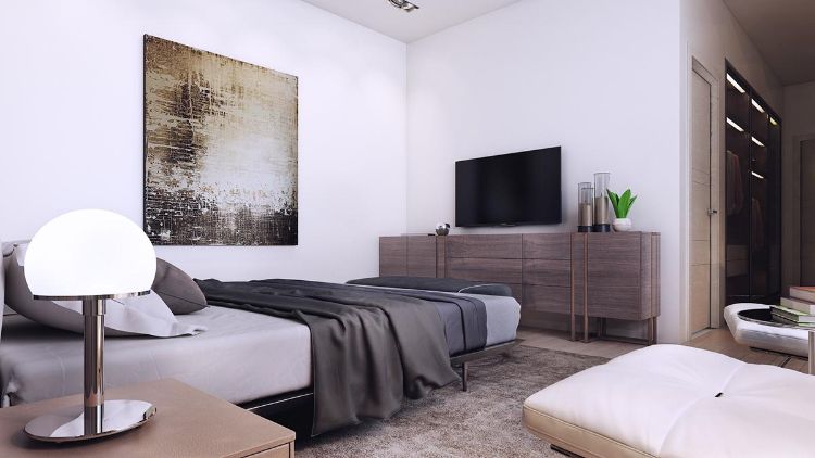 Nástenná maľba opakuje neutrálnu farebnú schému nápady na zariadenie-neutrálne-farby-spálňa-biela-stena-sivá-komoda-hnedá-nočný stolík-stolná-lampa-kov