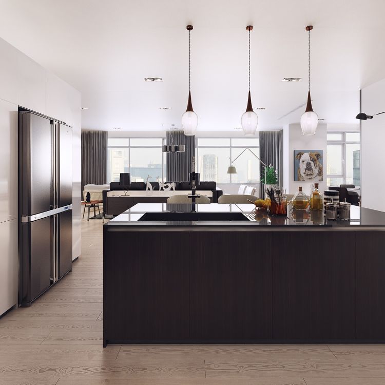 Veľa priestoru a svetla v kuchynskej časti nápady na zariadenie-neutrálne-farby-kuchyňa-kuchyňa-ostrov-hnedá-závesná lampa-drevená podlaha-nerezová chladnička