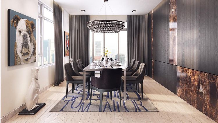 nápady na zariadenie-neutrálne farby-jedáleň-hnedá-stolička-luster-obklad na stenu-mramor-drevo-vzhľad-buldog-nástenná maľba