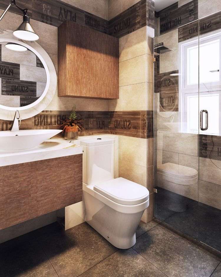 Písmená hore nohami pôsobia hravo. nápady na zariadenie-neutrálne-farby-kúpeľňa-dlaždice-drevo-vzhľad-betón-vzhľad-béžová-biela-pultová umývadlo-okrúhle zrkadlo