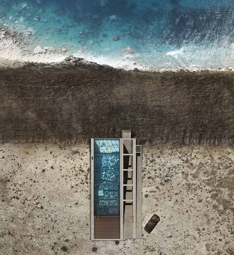 Pohľad zhora na dom glass-pool-roof-cliff-house-concept-concrete-house-view-sea