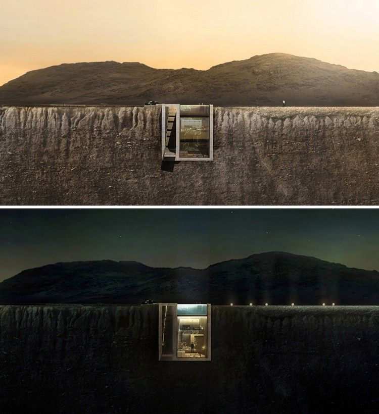Pohľad na dom vo dne aj v noci cliff-house-concept-concrete-house-built-in-cliffs-day-night