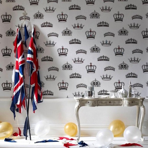 Nástenný korunný vzor čiernobiely moderné dievčenské izbové tapety korunky vzor