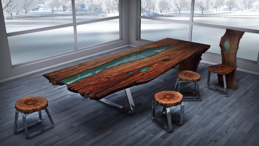 obývacia izba s veľkými oknami a zasneženým nábytkom z epoxidovej živice