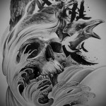 koponya és holló tetoválás vázlata 4