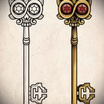 A 305 -ös kulcs és zár tetoválás vázlata a minta érdekes változata, amely jól használható egy pár zár és kulcs tetoválásként történő átalakítására és alkalmazására.