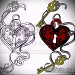 A vázlat a kulcs és zár tetováláshoz # 746 a minta klassz változata, amely sikeresen használható a kulcs és a zár feldolgozására és alkalmazására egy pár számára tetoválásként