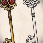 Vázlat a kulcs és a zár tetoválásához # 268 a rajz méltó változata, amely jól használható a zár és a kulcs tetoválásként történő feldolgozására és alkalmazására