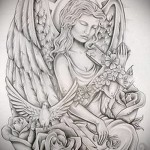 Vázlat a tetoválásról az őrangyalokról virágokkal és galambokkal