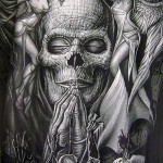 Angyalok és démonok tetoválási vázlata - Koponya és imádkozás