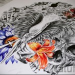 Vázlat Sketch Tattoo On Arm Angel - Warrior Girl - Koponya és virágok