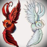 Egy egyedülálló példa egy angyal és egy démon tetoválás vázlatára - a rajz alkalmas egy angyal és egy démon tetoválására a lábán