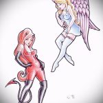 Az angyal és a démon tetoválás vázlatának tesztpéldája - a rajz alkalmas az angyal és démon felirat tetoválására