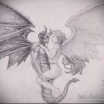 Érdekes példa egy angyal vázlatára és egy démon tetoválásra - a rajz alkalmas egy angyal démon tetoválására a vállán