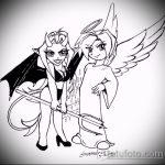 Az angyal és a démon tetoválás vázlatának hűvös változata - a rajz alkalmas egy angyal és egy démon tetoválására férfiaknak