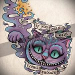 A cheshire macska tetoválási vázlatának egyedi változata - tetováláshoz használható, a cheshire macska órát tart
