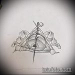 a 18. számú halálos ereklyék tetoválásának vázlata a rajz méltó változata, amely sikeresen használható a halálos ereklyék karon történő finomítására és felhelyezésére tetoválásként