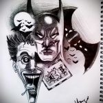 Joker tetoválás vázlat # 576 - a minta érdekes változata, amely könnyen használható a csapat jokerének tetoválásaként történő feldolgozására és alkalmazására