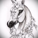 vázlat egyszarvú tetoválásról № 170 - a minta exkluzív változata, amely sikeresen használható az egyszarvú vicces átalakítására és alkalmazására