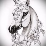 vázlat egyszarvú tetoválásról №756 - a minta érdekes változata, amely jól használható a feldolgozáshoz és a tetováláshoz, mint egyszarvú vicces