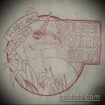 egyszarvú tetoválás vázlata № 665 - a minta érdekes változata, amely sikeresen használható az unikornis megváltoztatására és rajzolásához, mint vicces tetoválás