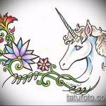 az unikornis tetoválás vázlata # 202 a minta érdekes változata, amely sikeresen használható egyszarvú alakjának átalakítására és felhelyezésére a lábára tetoválásként