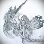 vázlat egyszarvú tetoválásról №85 - a rajz exkluzív változata, amelyet sikeresen lehet használni az egyszarvú vicces tetoválásként történő feldolgozásához és alkalmazásához