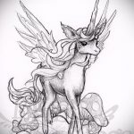 vázlat egy egyszarvú tetoválásról 279 - a minta egyedi változata, amely sikeresen használható módosítására és alkalmazására, mint egy unikornis tetoválása a lábán