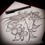 vázlat egyszarvú tetoválásról №693 - a rajz exkluzív változata, amely sikeresen használható revízióhoz és egyszarvú rajzolásához a lapockára tetoválásként