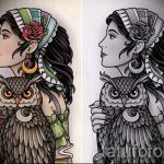 A tetoválás érdekes változata egy bagoly vázlata - felhasználható bagoly tetoválásához a lábfotón