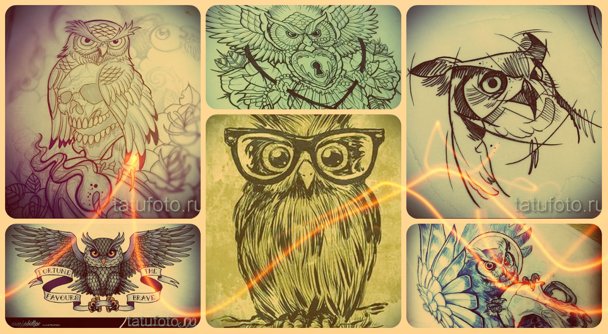 Bagoly tetoválás vázlatok - a legjobb rajzok egy bagoly tetoválás létrehozásához