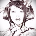 vázlat egy 484 -es gésa tetoválásról - a kép érdekes változata, amely jól használható a finomításhoz és a gésa tetováláshoz a hátoldalon