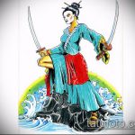 vázlat egy gésa tetoválásról № 668 - a rajz exkluzív változata, amely sikeresen használható a gésa tetoválásaként történő feldolgozására és alkalmazására az alkaron