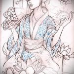 vázlat egy gésa tetoválásról # 622 - a minta egyedi változata, amely könnyen használható a lányok gésa tetoválásaként történő feldolgozásához és alkalmazásához