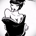 vázlat egy 812 -es gésa tetoválásról - a minta egyedi változata, amely sikeresen használható felülvizsgálatra és alkalmazásra gésa tetoválásként a combon