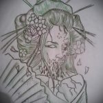 vázlat egy gésa tetoválásról № 795 - a rajz exkluzív változata, amely könnyen használható kardos tetoválással gésaként történő feldolgozásra és alkalmazásra