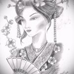 vázlat egy 988 -as gésa tetoválásról - a rajz érdekes változata, amely sikeresen használható finomításra és alkalmazásra esernyővel ellátott gésa tetoválásaként