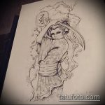 98 -as számú gésa tetoválás vázlata - a rajz hűvös változata, amely jól használható a gésa tetoválásnak a lábán