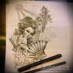 vázlat egy 341 -es gésa tetoválásról - a rajz méltó változata, amely jól használható a gésa megváltoztatására és tetoválására az alkaron