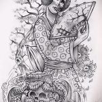 vázlat egy 249 -es gésa tetoválásról - a rajz exkluzív változata, amely jól használható a finomításhoz és a gésa tetováláshoz a combon